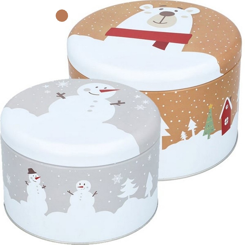 Scatola in latta cilindrica natalizia beige da cucina decorata con orso polare in paesaggio innevato, adatta al contatto con gli alimenti