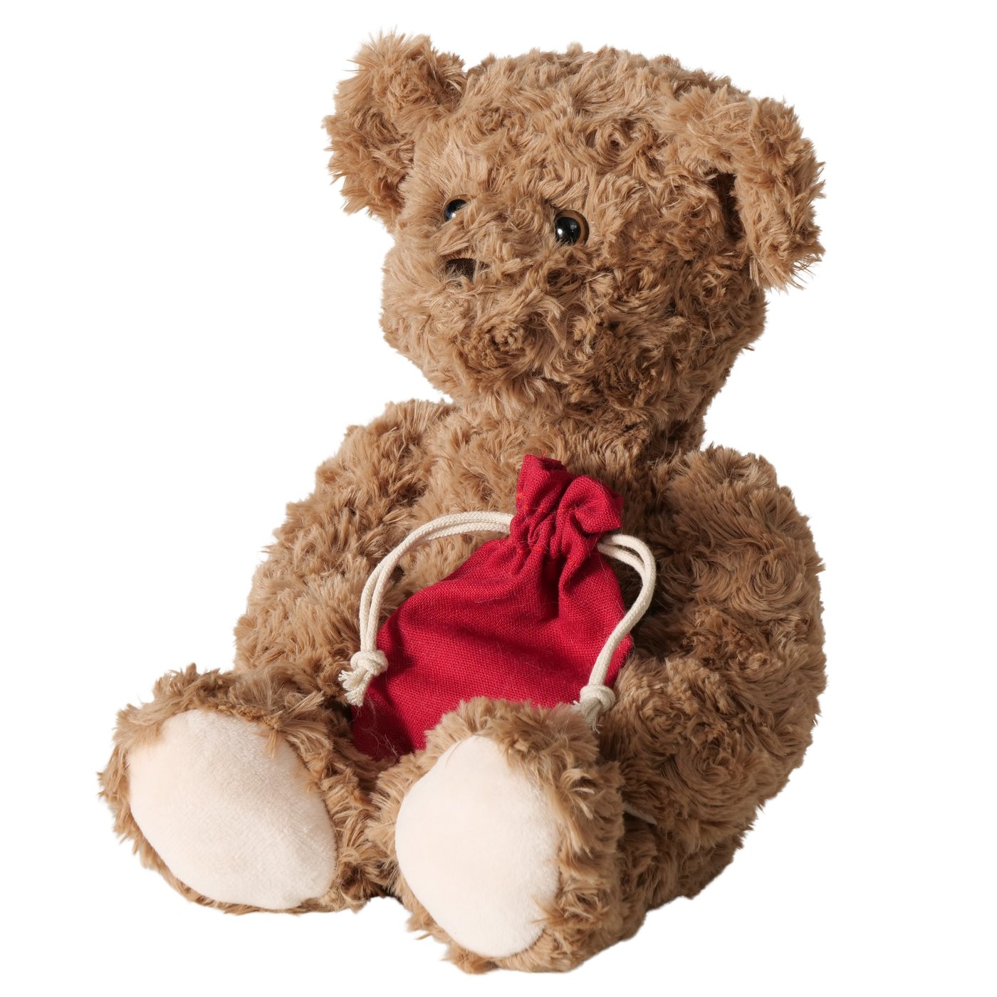 Peluche morbido a forma di orsetto marrone con sacco rosso