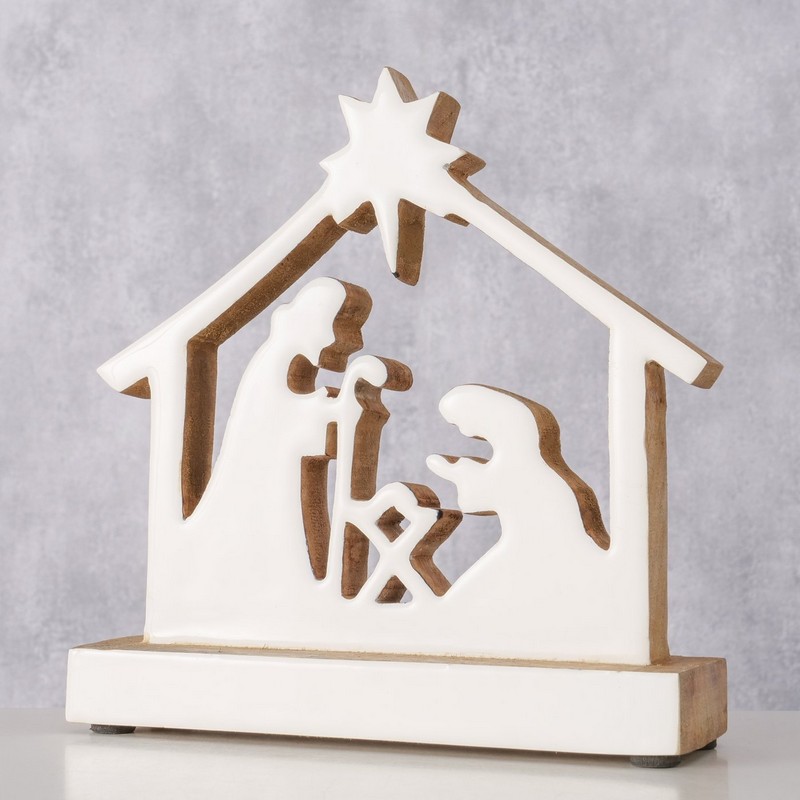 Natività in legno di mango da appoggio con sacra famiglia e stella cometa, un pratico presepe minimalista adatto anche come idea regalo di Natale
