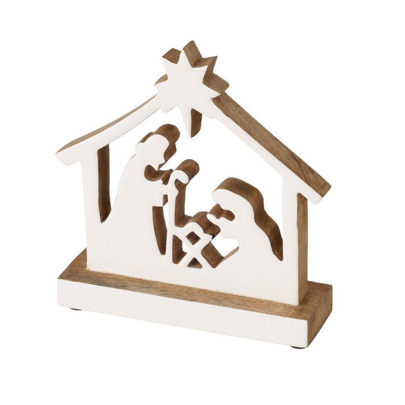 Natività in legno di mango da appoggio con sacra famiglia e stella cometa, un pratico presepe minimalista adatto anche come idea regalo di Natale