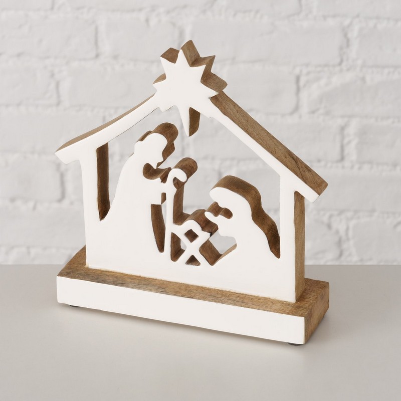 Natività in legno di mango da appoggio con sacra famiglia e stella cometa, un pratico presepe minimalista adatto anche come idea regalo di Natale