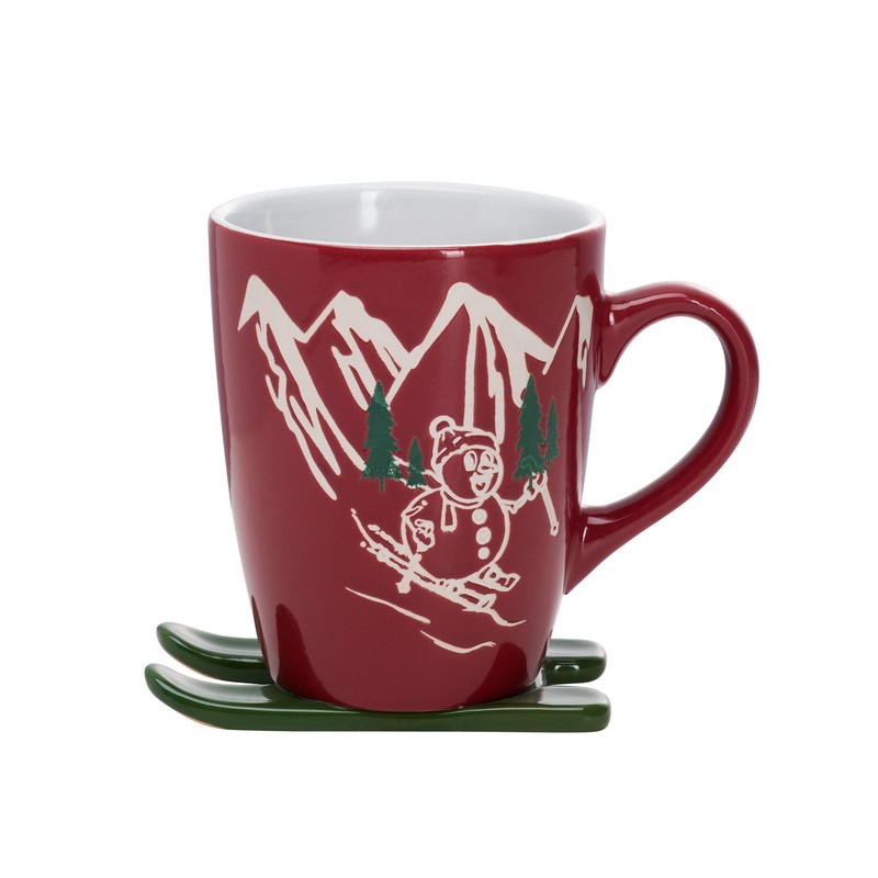 Tazza mug rossa con pupazzo di neve che scia e sci sul fondo, perfetta come idea regalo di Natale, utilizzabile in lavastoviglie e microonde