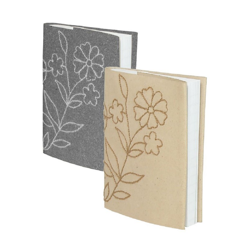 Quaderno a righe con copertina grigia in ricuoio (cuoio riciclato) con fiori ricamati, perfetto come idea regalo originale