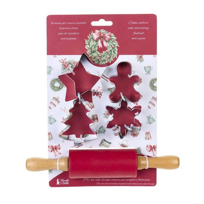 Set di Natale contenente mattarello rosso e 4 tagliabiscotti a tema, una perfetta idea regalo di Natale