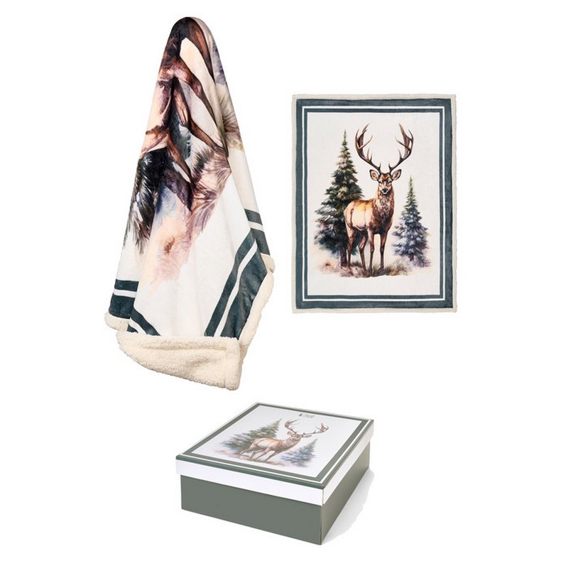 Plaid natalizio cervo con bosco in scatola regalo, perfetto come idea regalo natalizia