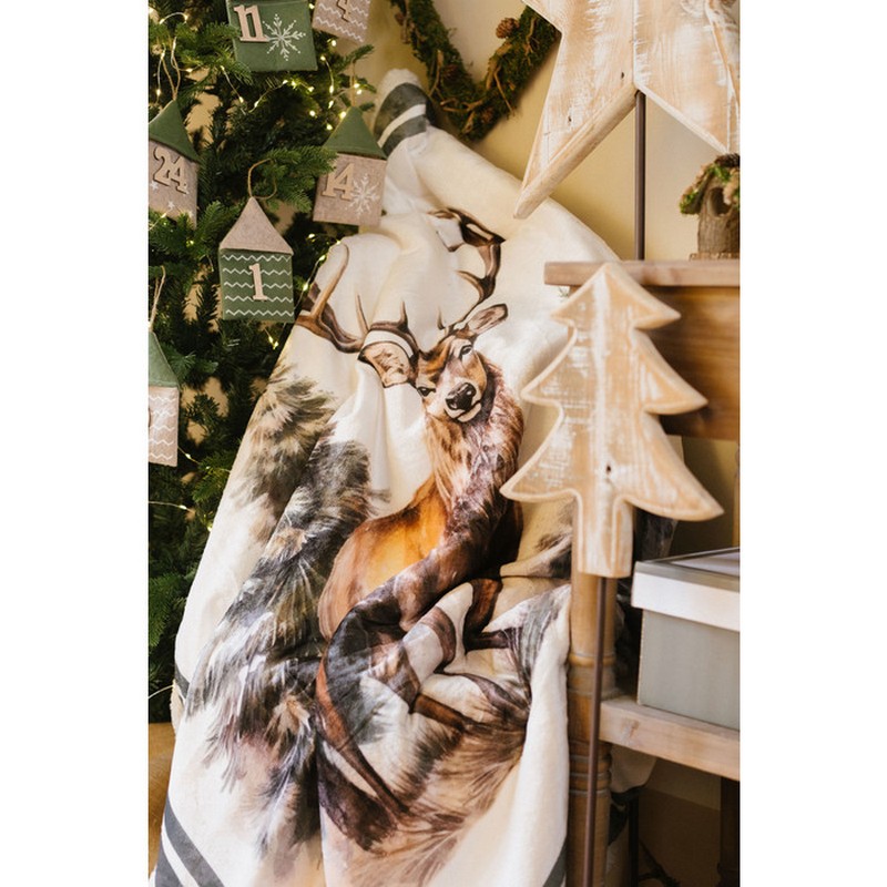 Plaid natalizio cervo con bosco in scatola regalo, perfetto come idea regalo natalizia