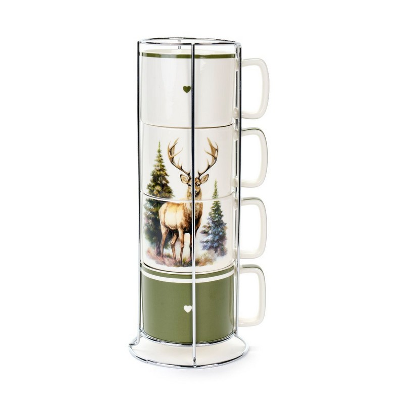 Set 4 tazze impilabili in ceramica con decoro continuativo cervo nel bosco, supporto incluso - una perfetta idea regalo di Natale o autunno