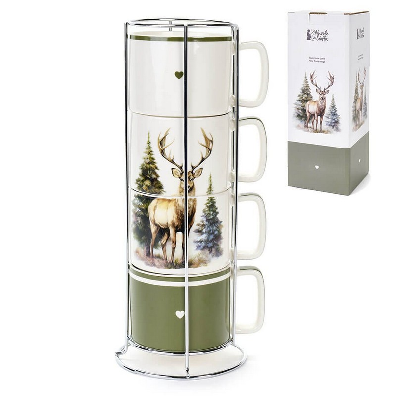 Set 4 tazze impilabili in ceramica con decoro continuativo cervo nel bosco, supporto incluso - una perfetta idea regalo di Natale o autunno