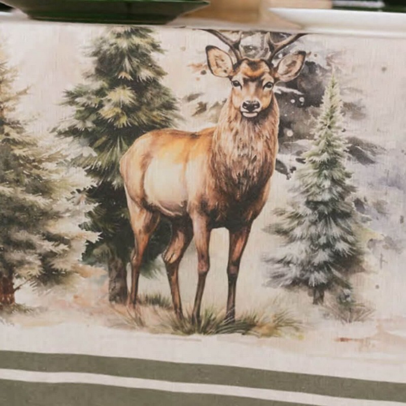 Tovaglia in cotone decorata con cervo nel bosco e bordi verdi, una perfetta idea regalo di Natale o autunnale