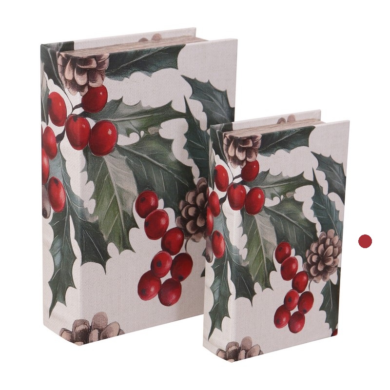 Scatola libro decorata con agrifoglio con interno vellutato e chiusura magnetica, perfetta come idea regalo di Natale