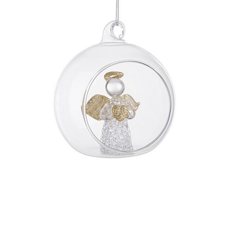 Pallina di Natale aperta in vetro con angelo trasparente con dettagli oro, ideale per arricchire i tuoi addobbi per albero di Natale o come idea regalo Natale