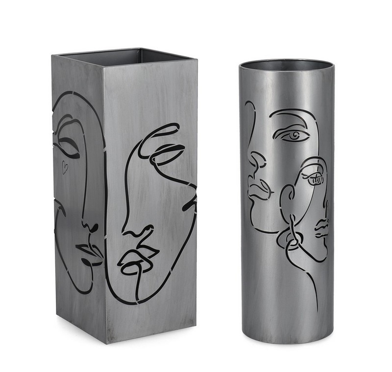 Portaombrelli argento tondo in metallo decorato con volti