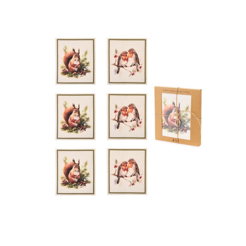 Set 6 spugne in cellulosa 100% compostabili, 3 raffiguranti scoiattolo e 3 raffiguranti pettirossi, per un'originale idea regalo autunno o Natale