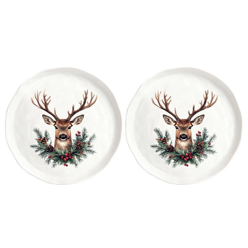 Set 2 piatti piani natalizi decorati con cervo e agrifoglio realizzati in gres, perfetti come idea regalo di Natale