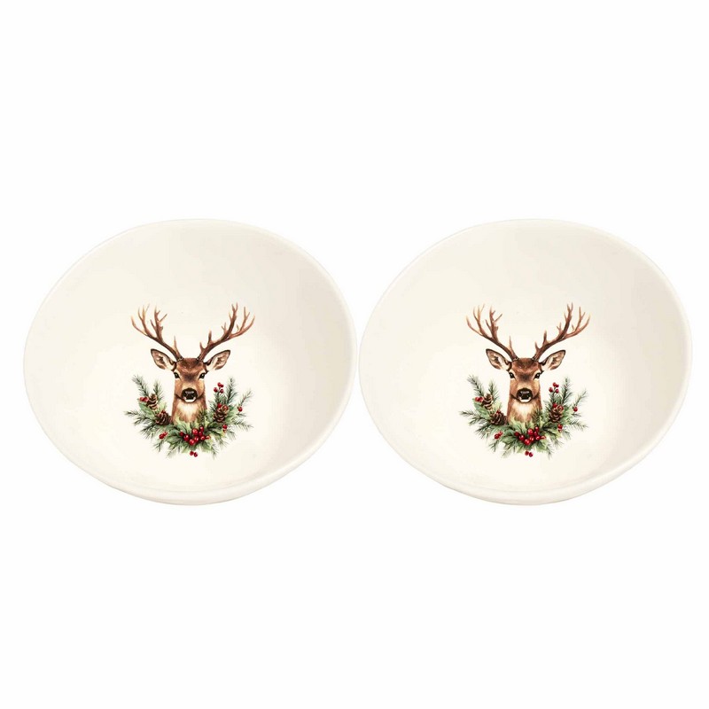Set 2 piatti fondi natalizi decorati con cervo e agrifoglio realizzati in gres, perfetti come idea regalo di Natale