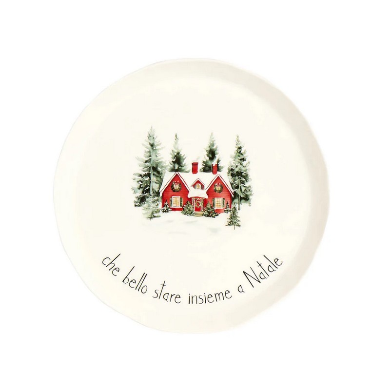 Set 2 piatti piani natalizi decorati con paesaggio e scritta “Che bello stare insieme a Natale” realizzati in gres, perfetti come idea regalo di Natale