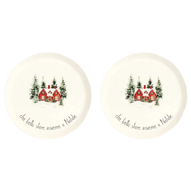 Set 2 piatti piani natalizi decorati con paesaggio e scritta “Che bello stare insieme a Natale” realizzati in gres, perfetti come idea regalo di Natale