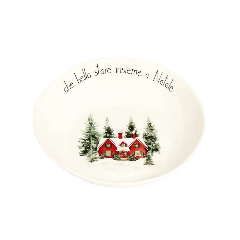 Set 2 piatti fondi natalizi decorati con paesaggio e scritta “Che bello stare insieme a Natale” realizzati in gres, perfetti come idea regalo di Natale