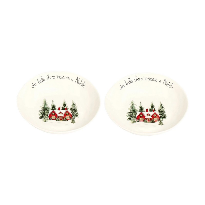 Set 2 piatti fondi natalizi decorati con paesaggio e scritta “Che bello stare insieme a Natale” realizzati in gres, perfetti come idea regalo di Natale