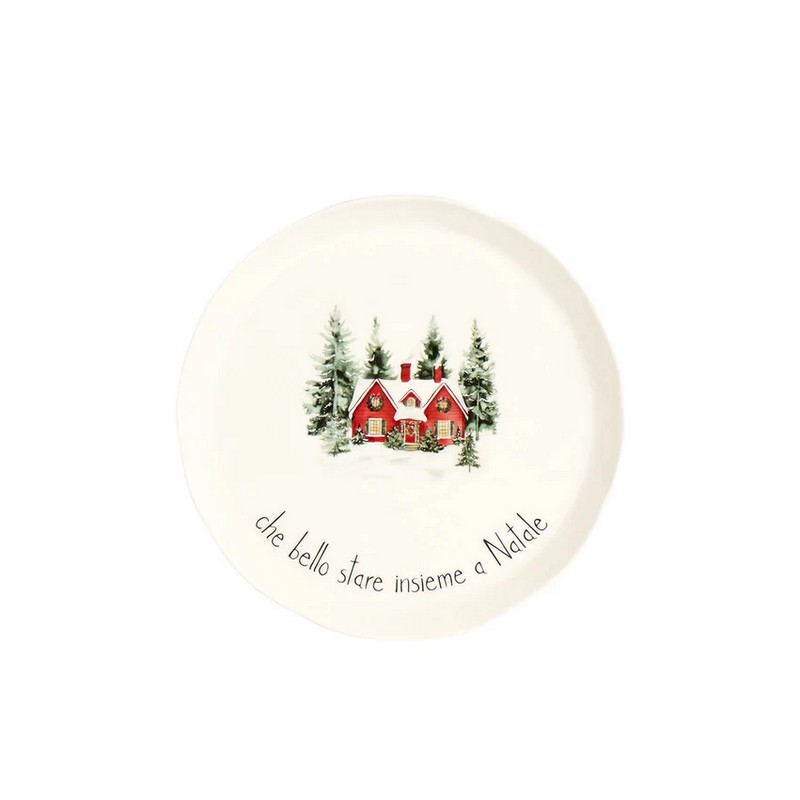 Set 2 piatti dolce natalizi decorati con paesaggio e scritta “Che bello stare insieme a Natale” realizzati in gres, perfetti come idea regalo di Natale