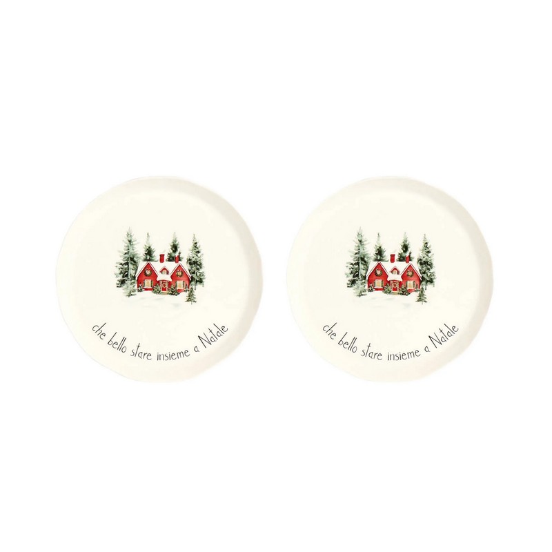 Set 2 piatti dolce natalizi decorati con paesaggio e scritta “Che bello stare insieme a Natale” realizzati in gres, perfetti come idea regalo di Natale