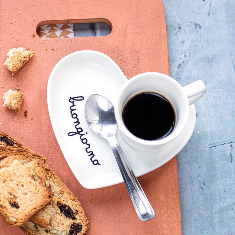 Set 2 piattini per tazzine di caffè a forma di cuore decorati con scritta “Buongiorno”, un'elegante idea regalo donna o amica