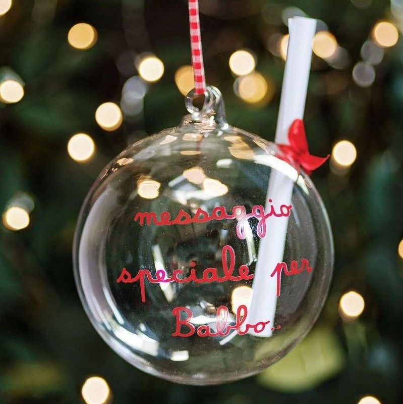 Pallina di Natale in vetro trasparente con scritta “Messaggio speciale per Babbo Natale” e lettera da compilare e inserire nella pallina, ideale per arricchire i tuoi addobbi per albero di Natale o come idea regalo Natale