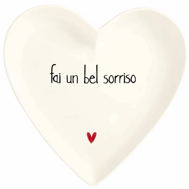 Set 2 piatti a forma di cuore in gres decorati con scritta “Fai un bel sorriso”, per un'elegante idea regalo donna, mamma o amica