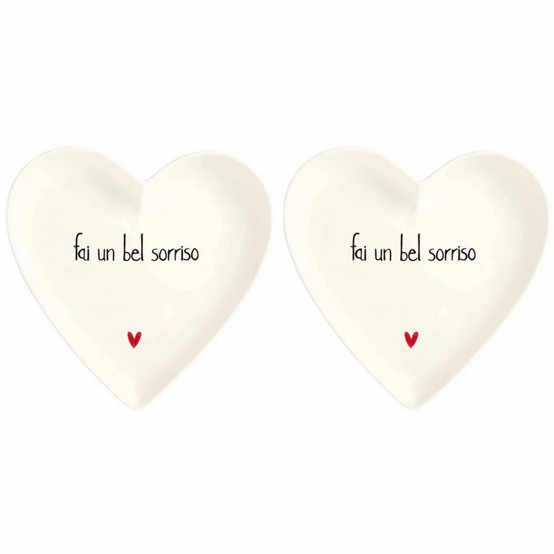 Set 2 piatti a forma di cuore in gres decorati con scritta “Fai un bel sorriso”, per un'elegante idea regalo donna, mamma o amica