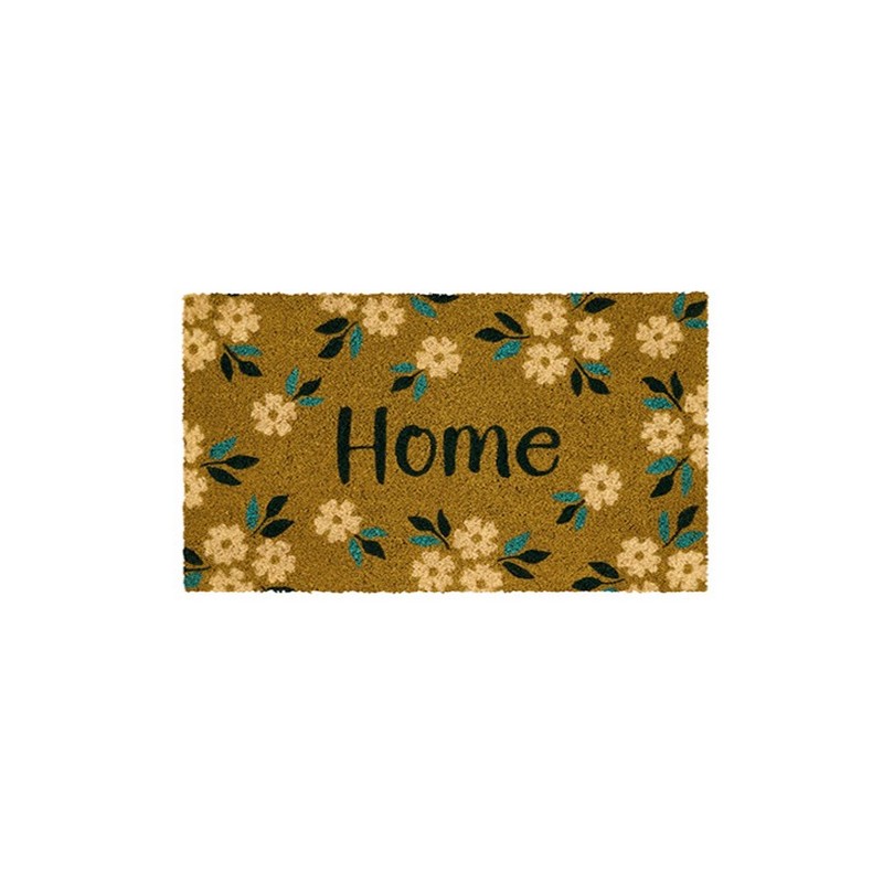 Zerbino con fiori gialli e scritta “Home” realizzato in fibra di cocco con fondo antiscivolo, un'utile idea regalo per la casa
