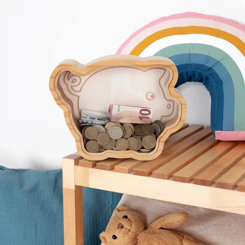 Salvadanaio trasparente in legno a forma di maiale con apertura facile, ideale per regali originali e divertenti