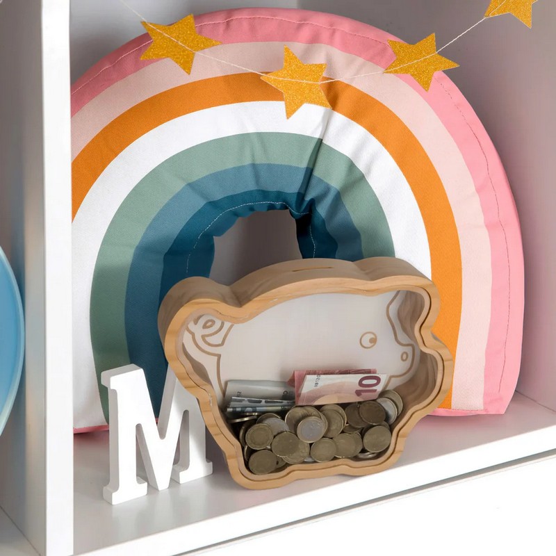 Salvadanaio trasparente in legno a forma di maiale con apertura facile, ideale per regali originali e divertenti