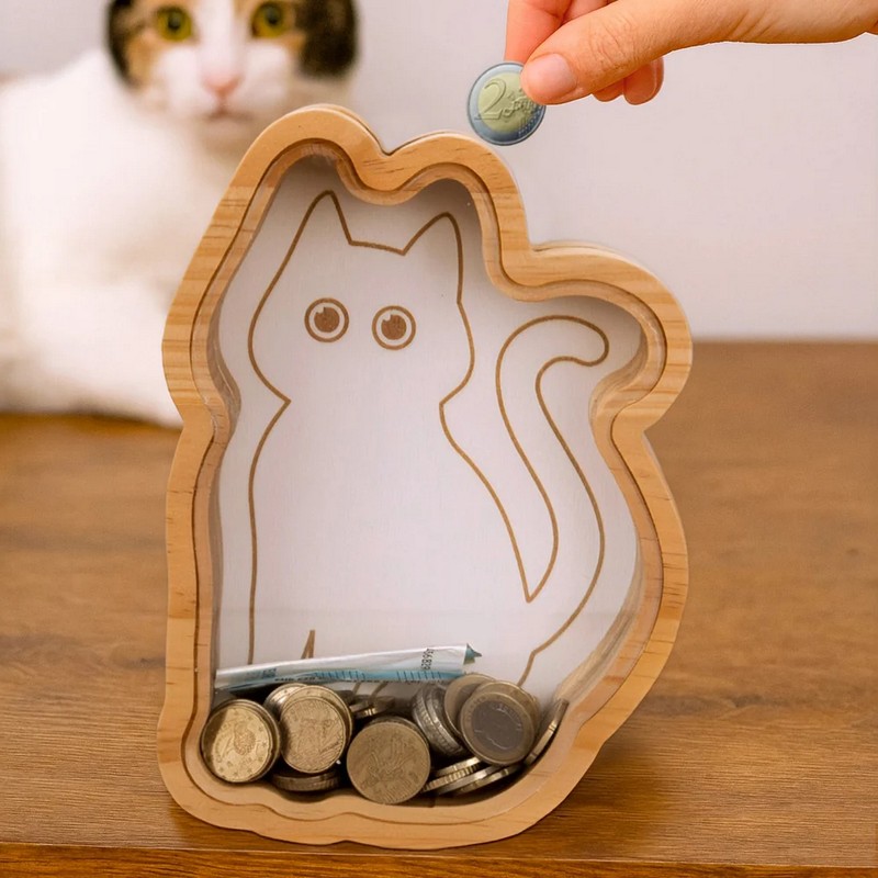 Salvadanaio trasparente in legno a forma di gatto con apertura facile, ideale per regali originali e divertenti
