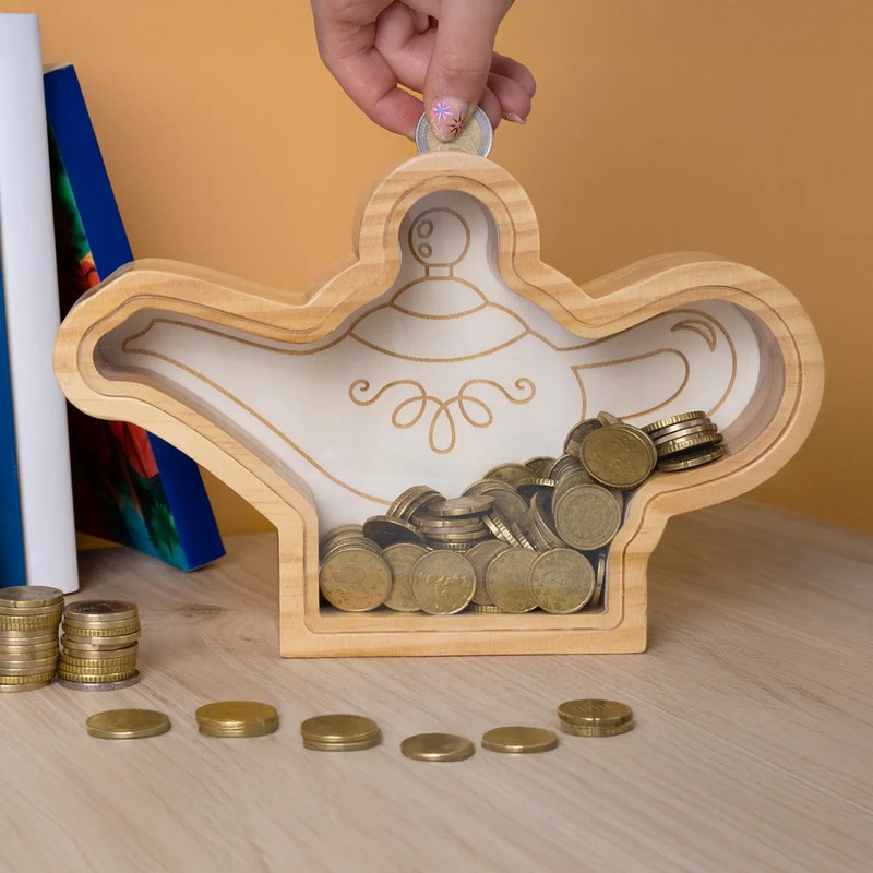 Salvadanaio trasparente in legno a forma di lampada magica con apertura facile, ideale per regali originali e divertenti