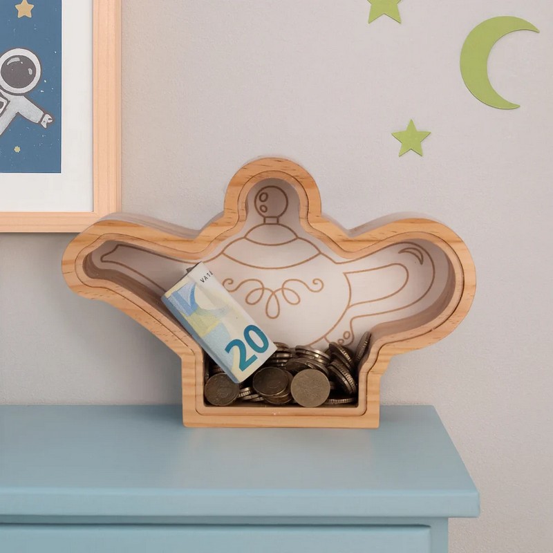 Salvadanaio trasparente in legno a forma di lampada magica con apertura facile, ideale per regali originali e divertenti