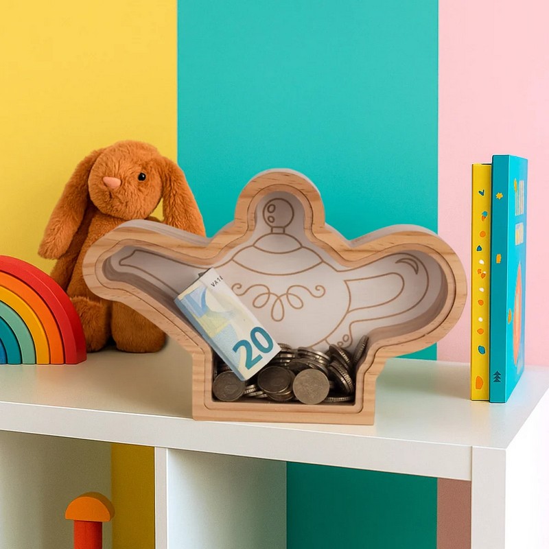 Salvadanaio trasparente in legno a forma di lampada magica con apertura facile, ideale per regali originali e divertenti