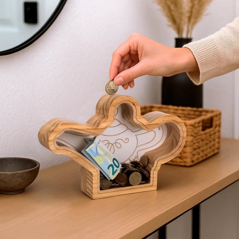 Salvadanaio trasparente in legno a forma di lampada magica con apertura facile, ideale per regali originali e divertenti