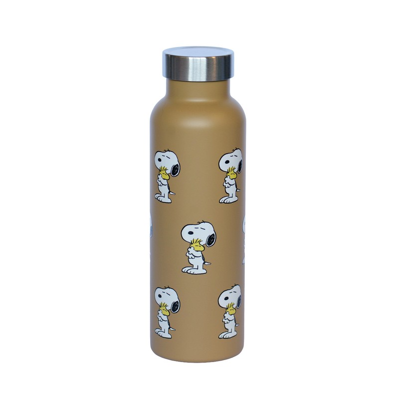 Borraccia termica in acciaio inox da 500 ml con decoro in rilievo rappresentante Snoopy e Woodstock su fondo talpa sabbia