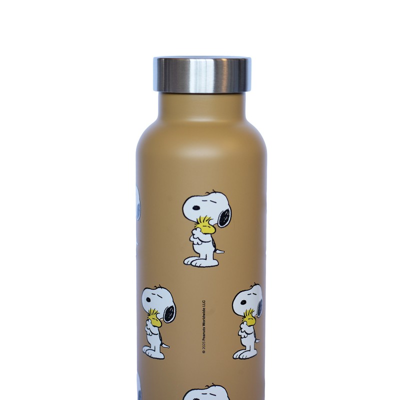 Borraccia termica in acciaio inox da 500 ml con decoro in rilievo rappresentante Snoopy e Woodstock su fondo talpa sabbia