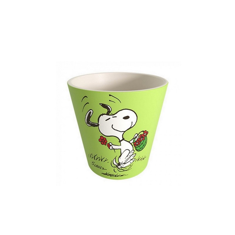 Tazzina da caffè verde in plastica riciclata decorata con Snoopy con fiore e scritta “Have a nice day” sul retro
