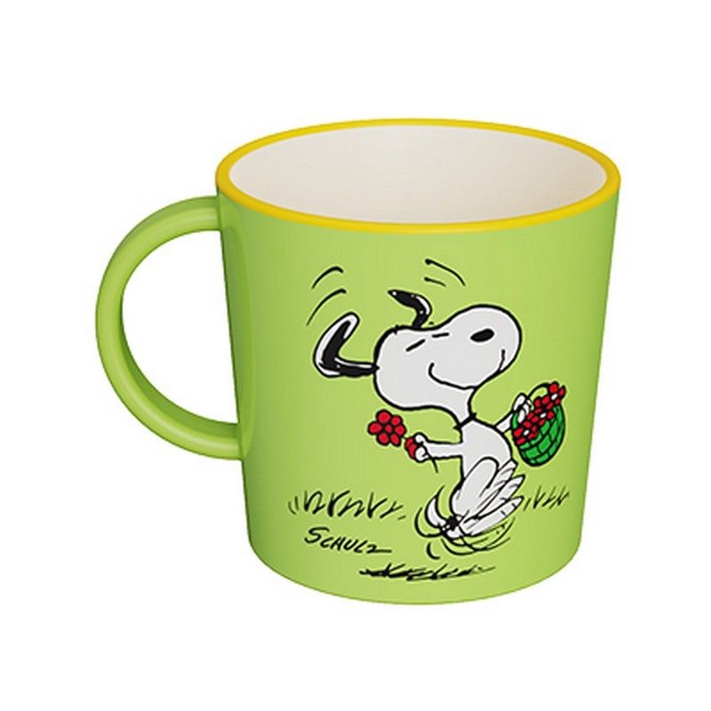 Tazza mug verde in plastica riciclata decorata con Snoopy con fiori con scritta “Have a nice day” sul retro