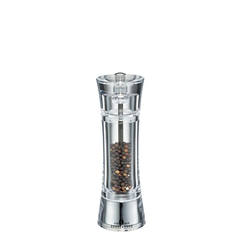 Macina pepe manuale in materiale acrilico con macina in ceramica regolabile, contiene grani di pepe nero