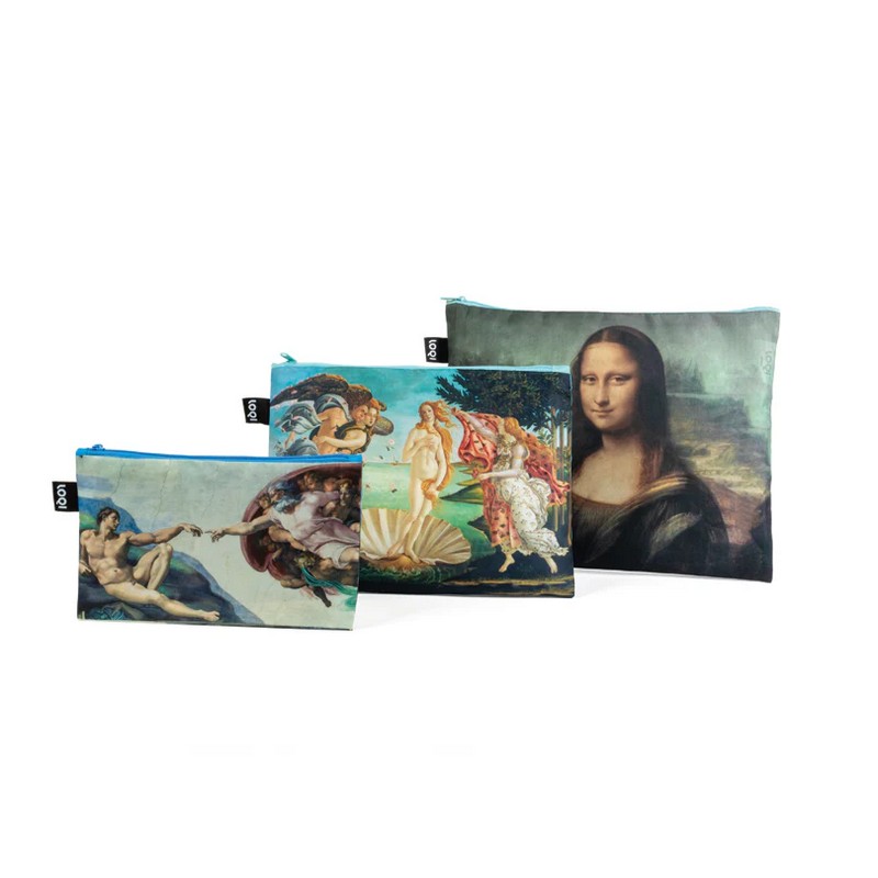 Set 3 buste da viaggio organizza valigia decorate con dipinti di Michelangelo, Botticelli e Da Vinci, una perfetta idea regalo per viaggiatori