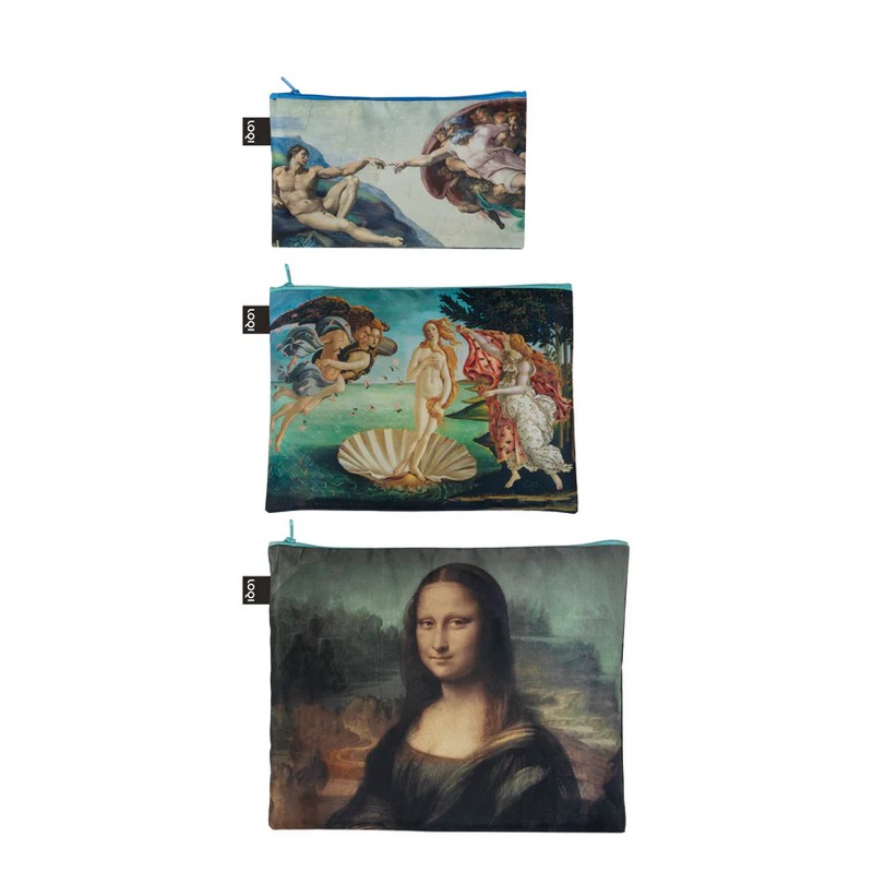 Set 3 buste da viaggio organizza valigia decorate con dipinti di Michelangelo, Botticelli e Da Vinci, una perfetta idea regalo per viaggiatori