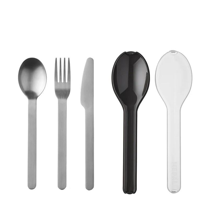 Set posate da viaggio contenente forchetta, cucchiaio e coltello in acciaio inox in custodia nera in plastica compatta