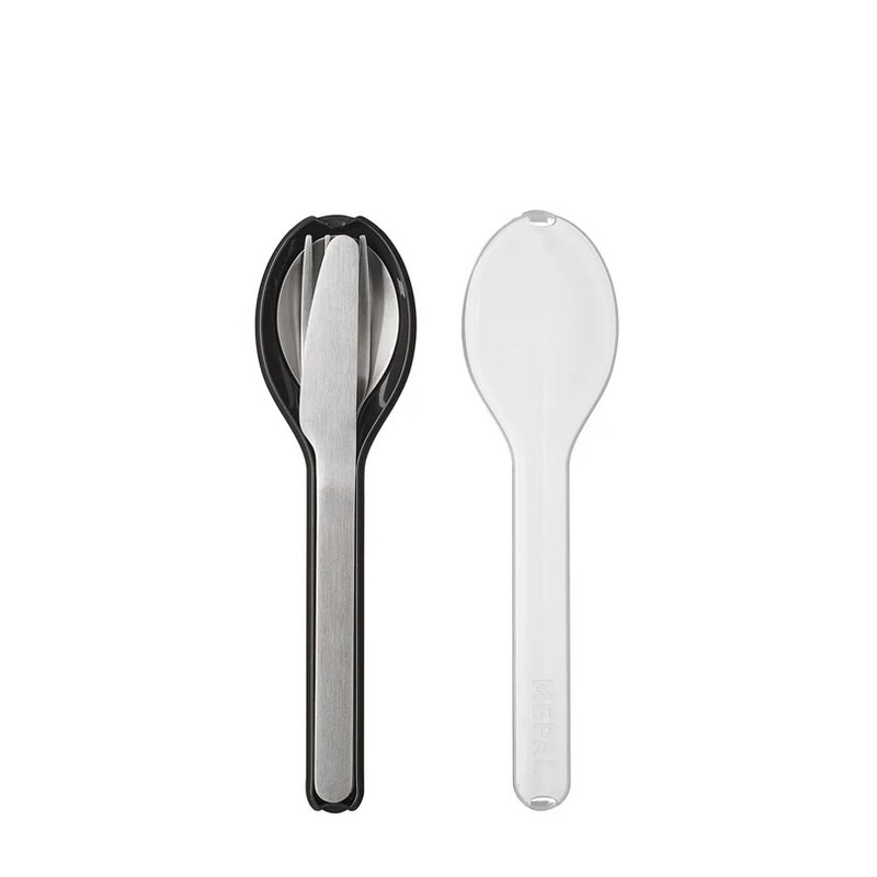 Set posate da viaggio contenente forchetta, cucchiaio e coltello in acciaio inox in custodia nera in plastica compatta