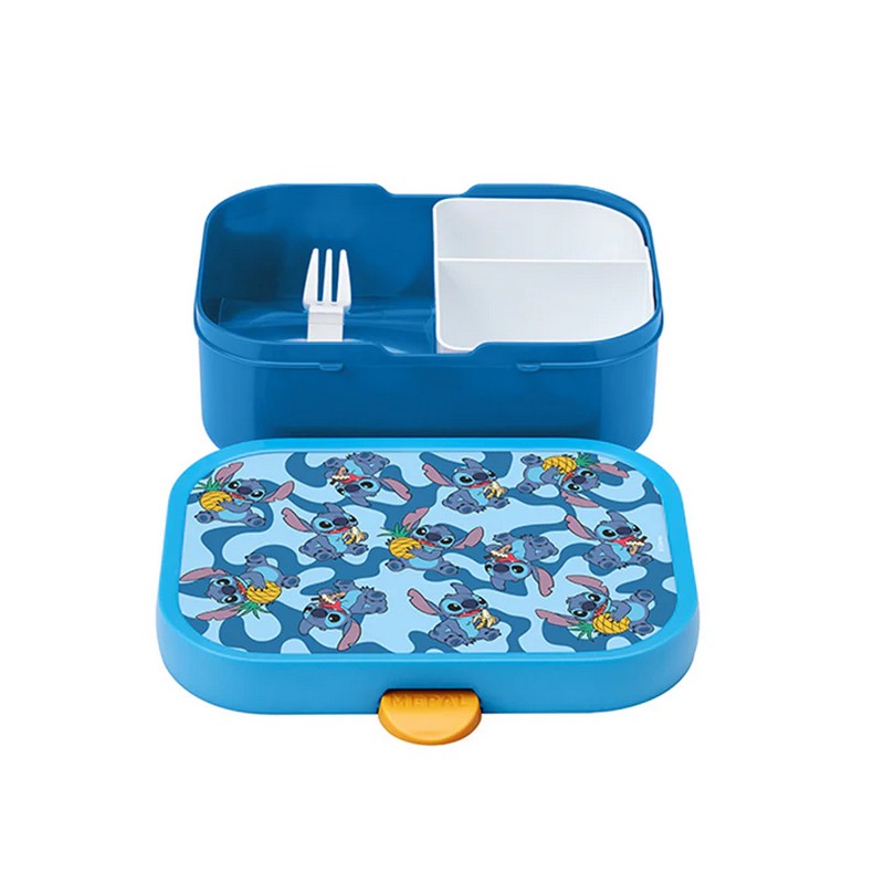 Portamerenda per bambini con coperchio, forchetta e due scomparti removibili decorato con Stitch che mangia ananas, banana e gelato, un'utile idea regalo per bambini delle scuole elementari fan di Lilo & Stitch