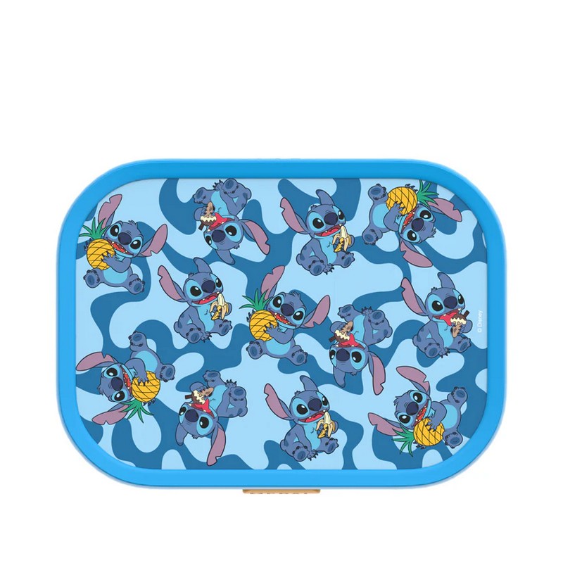 Portamerenda per bambini con coperchio, forchetta e due scomparti removibili decorato con Stitch che mangia ananas, banana e gelato, un'utile idea regalo per bambini delle scuole elementari fan di Lilo & Stitch
