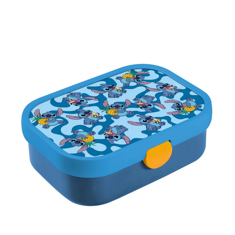 Portamerenda per bambini con coperchio, forchetta e due scomparti removibili decorato con Stitch che mangia ananas, banana e gelato, un'utile idea regalo per bambini delle scuole elementari fan di Lilo & Stitch