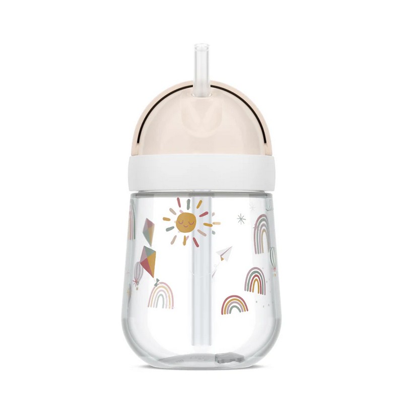 Bicchiere per neonati con cannuccia decorato con sole, arcobaleni e mongolfiere, un utilissimo regalo per neomamme e neopapà